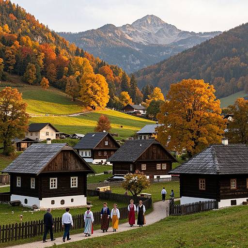 Photograph of a picturesque Alpine village with autumn-colored trees, wooden houses, and a group of people walking along a path. Mountainous background under a