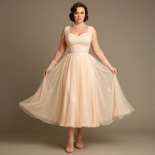 Photograph of a curvy woman in a vintage-style, ivory, lace-trimmed, sleeveless dress with a full tulle skirt, pearl