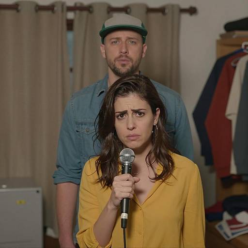 Man and Woman with Microphone Indoors