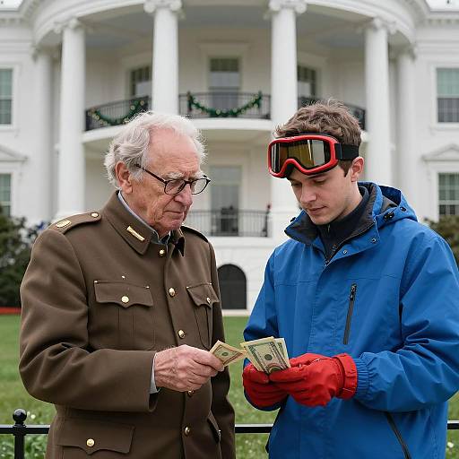 Old and Young Men Counting Money Outside White House