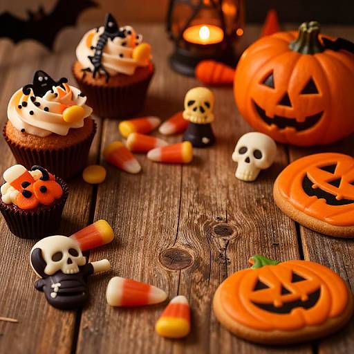 Halloween-themed photo: decorated cupcakes, jack-o'-lanterns, candy corn, mini skulls, bats, and a lantern on a rustic wooden