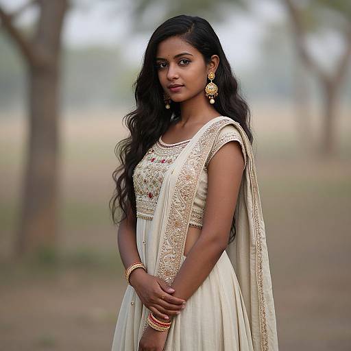 Photograph of a beautiful South Asian woman with long black hair, wearing an ornate cream sari, gold jewelry, standing outdoors, with a blurred