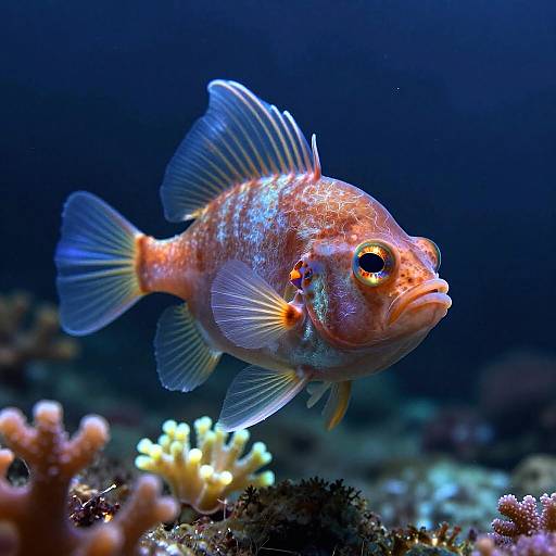 Photograph of a vibrant orange-red fish with blue fins and yellow eyes swimming near colorful coral reefs in a dark blue underwater scene.