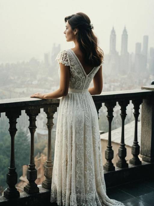 Woman in White Lace Dress on Balcony