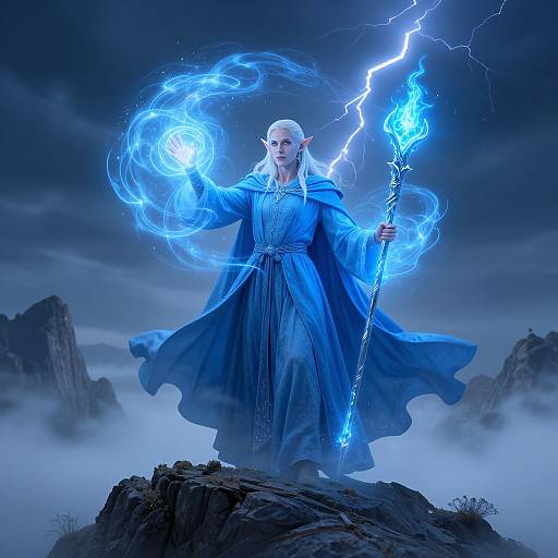 Digital fantasy artwork of a bald, blue-robed elf with glowing blue magic circles and a lightning-wielding staff, standing on a rocky peak under a