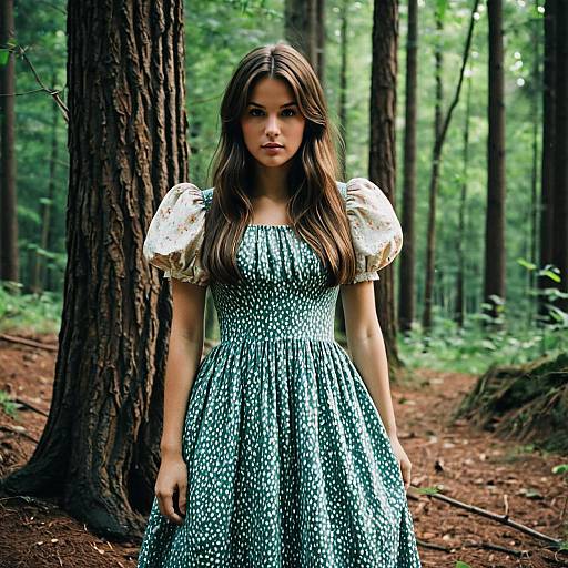 Young Woman in Puffy Sleeve Dress in Forest