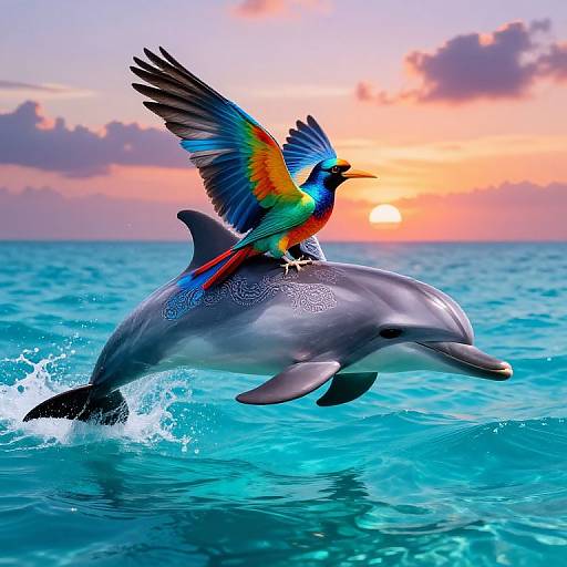 Vibrant bird with rainbow feathers rides a leaping dolphin in turquoise ocean, sunset sky with orange and purple hues. Photorealistic CGI.