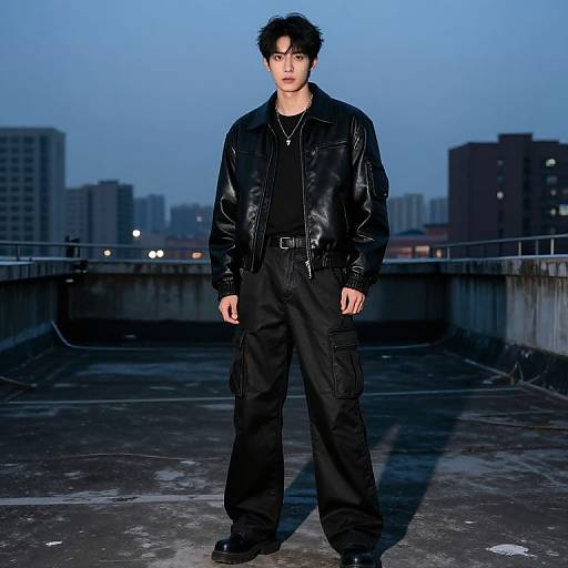 Photograph of an Asian man with spiky black hair, wearing a black leather jacket and cargo pants, standing on a rooftop at dusk, city skyline