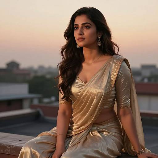 Photograph of an Indian woman with long dark hair, wearing a gold satin sari with intricate embroidery, sitting on a rooftop at sunset, looking contempl