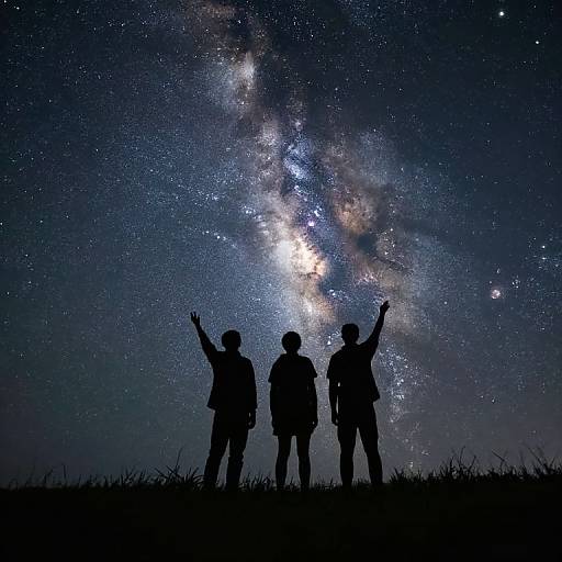 Silhouetted trio with arms raised, gazing at a dazzling Milky Way galaxy. Star-filled night sky, grassy foreground, photograph.