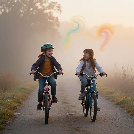 Photograph of two laughing children, a girl with brown hair in a white shirt and a boy with black hair in a helmet, riding bicycles on a