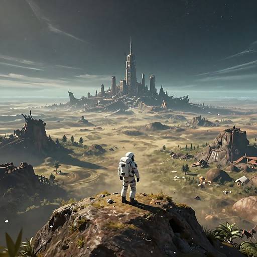 Digital art of a lone white-armored astronaut standing on a rocky hill, gazing at a distant, towering futuristic cityscape under a starry sky