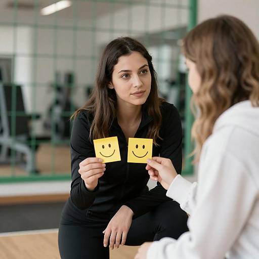 Woman Showing Smiley Sticky Notes in Gym