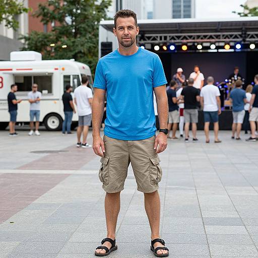 Photograph of a bearded man in a blue t-shirt, beige cargo shorts, and black sandals, standing on a city sidewalk at an outdoor event