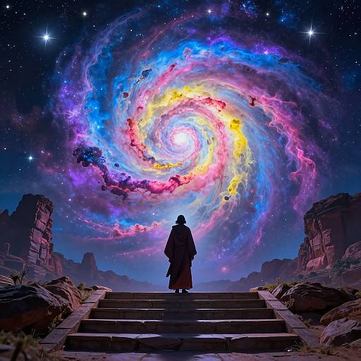 Digital artwork: Silhouetted figure in long robe stands on stone steps, gazing at vibrant, swirling galaxy with neon colors, surrounded by rocky
