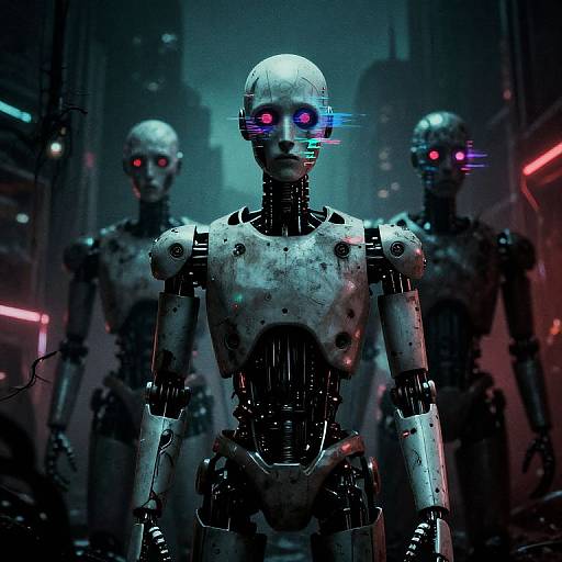 CGI image of three glowing-eyed, metallic humanoid robots with cybernetic features standing in a dark, neon-lit, futuristic urban alley.