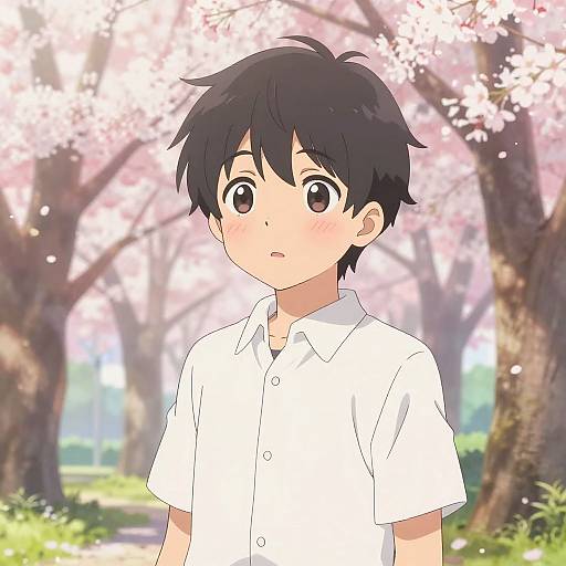 Anime-style digital drawing of a young boy with black hair and large brown eyes, wearing a white short-sleeve shirt, standing in a cherry blossom