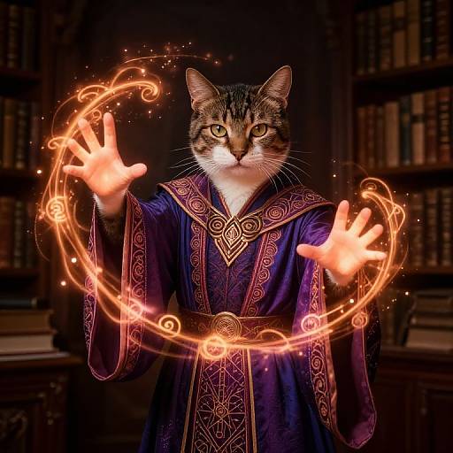 Photograph of a tabby cat in a detailed, purple, medieval-style robe, casting an orange, magical spell circle with glowing hands. Background: