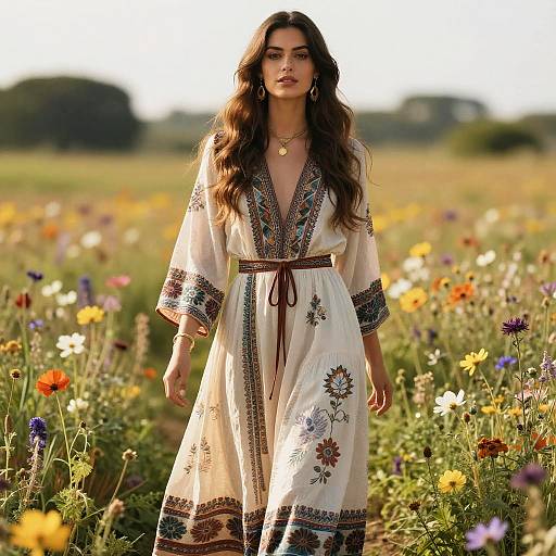 Photograph of a long-haired woman in a white, embroidered dress, walking through a colorful field of wildflowers under bright sunlight.