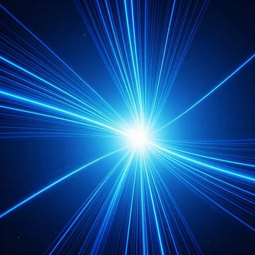Digital artwork of a bright white center emitting intense blue laser-like rays radiating outward against a deep blue background.