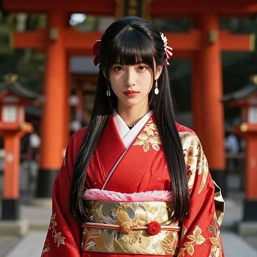 Photograph of a Japanese woman with long black hair, wearing a red and gold floral kimono, standing in front of a traditional red torii gate