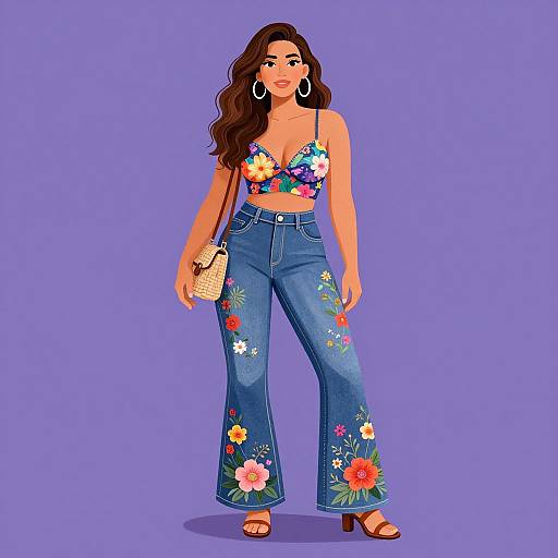 Digital illustration of a curvy woman with long brown hair, wearing a floral crop top, high-waisted blue jeans with floral embroidery, hoop earrings