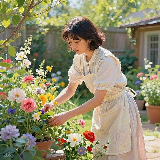 Photograph of a young woman with short brown hair, wearing a white puffy-sleeved dress, tending vibrant garden flowers in sunlight.