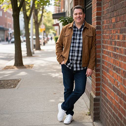 Photograph of a smiling young man with short brown hair, wearing a brown suede jacket, black and white plaid shirt, dark jeans, and white