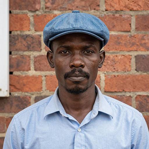 Serious Man in Blue Against Brick Wall