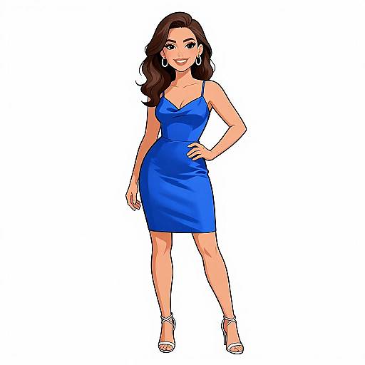 Digital illustration of a smiling woman with long brown hair, wearing a blue, form-fitting, sleeveless dress and white high heels, standing confidently against