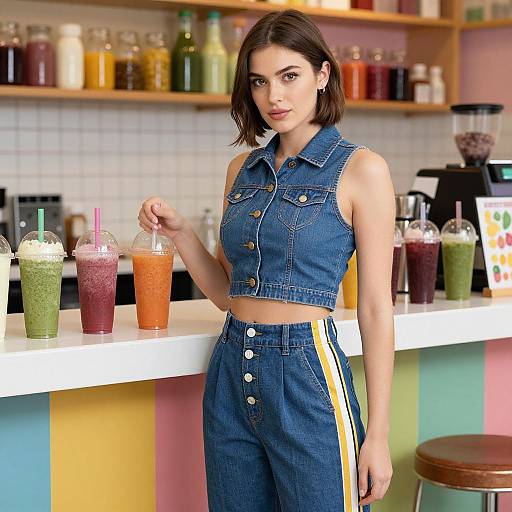 Photograph of a young woman with short brown hair, wearing a denim sleeveless crop top and high-waisted pants, holding a colorful drink,