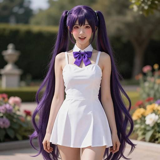 Woman in White Dress with Long Purple Hair