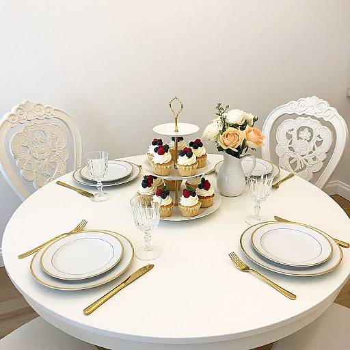 Elegant white round table set with gold-rimmed plates, crystal glasses, gold cutlery, tiered cupcake stand, and small floral