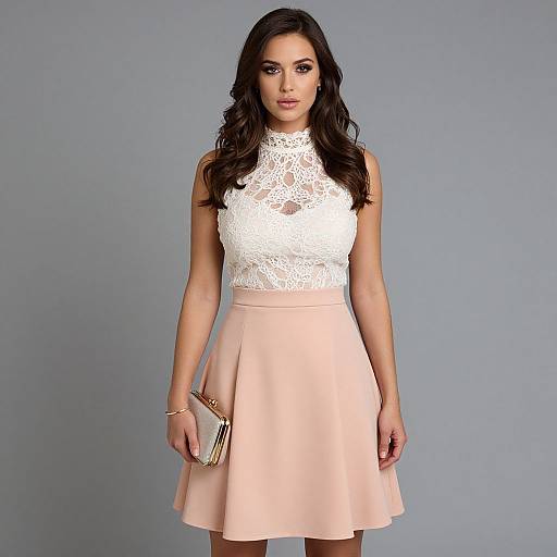 Photograph of a woman with long dark hair, wearing a white lace sleeveless top and pink A-line skirt, holding a gold clutch, against a