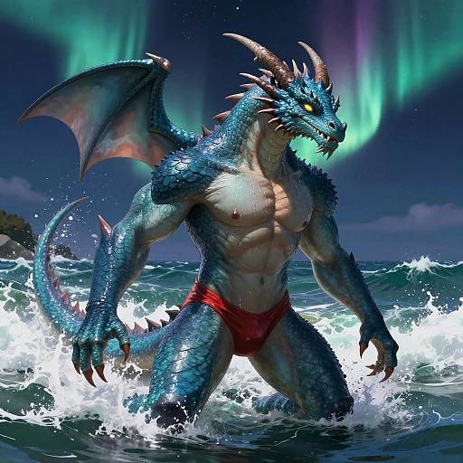 Anthro Muscular Dragon in Red Swimwear at Sea