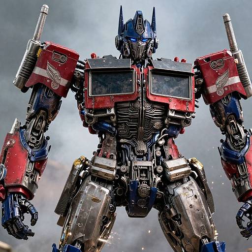 Photograph of a large, red and blue, detailed Transformers robot with metallic armor, glowing blue eyes, and mechanical details, standing against a dramatic,