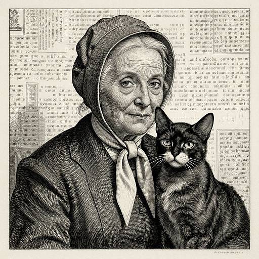 Black-and-white drawing of elderly woman in bonnet and suit, with a cat on her right, against a text-filled background.