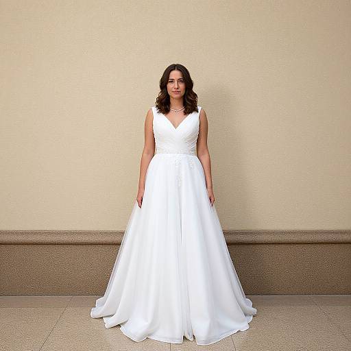 Photograph of a woman with wavy dark brown hair, wearing a sleeveless, white, V-neck, ball-gown wedding dress, standing against