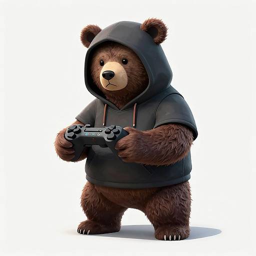 Digital illustration of a cute, brown bear wearing a black hoodie, holding a game controller, with a focused expression, against a white background.