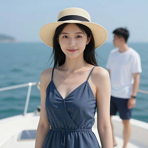 Photograph of an Asian woman with long black hair, wearing a straw hat and dark blue sundress, standing on a boat with a blurred man in