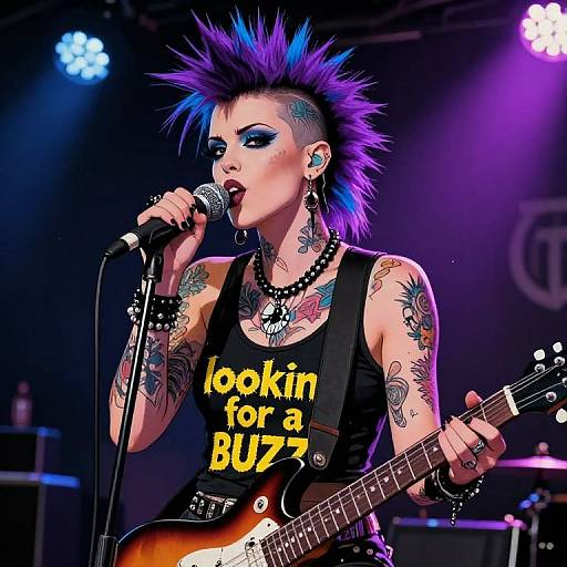 Photograph of a tattooed, punk-rock singer with spiked purple and blue hair, black tank top reading 