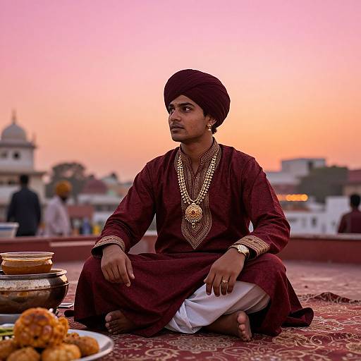 Photograph of a young South Asian man in maroon traditional attire, seated on a rooftop at sunset, with ornate jewelry and offerings in the foreground