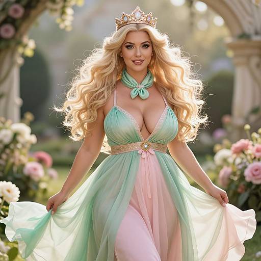 Photorealistic image of a blonde princess with voluminous curls, wearing a mint green, deep V-neck gown, gold belt, tiara, and