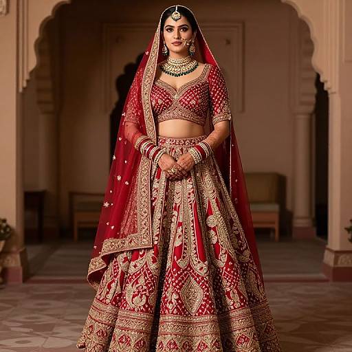 Photograph of an Indian bride in a red and gold embroidered lehenga and dupatta, wearing traditional jewelry, standing in an ornate, arched
