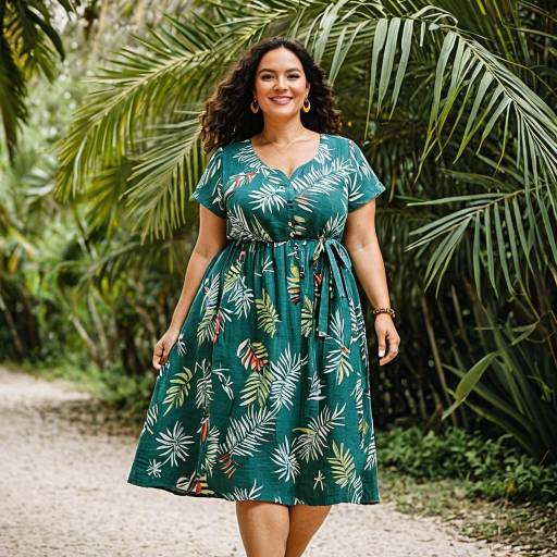 Plus-Size Woman in Tropical Print Linen Dress