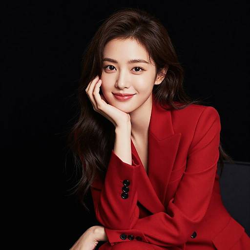 Photograph of an Asian woman with long black hair, wearing a red blazer, smiling softly with her hand on her cheek, against a black background