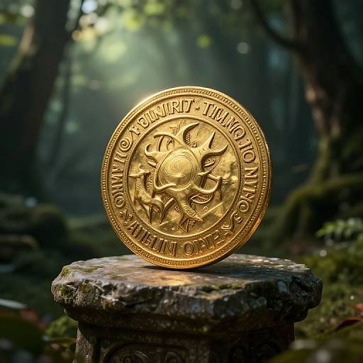 Photograph of a gold coin with a dragon design, inscribed 