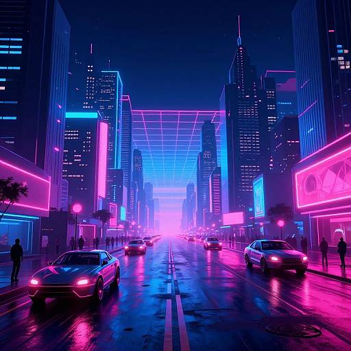 Neon-lit, futuristic urban street at night, vibrant pink, blue, and purple lights reflecting on wet pavement, modern skyscrapers with glowing