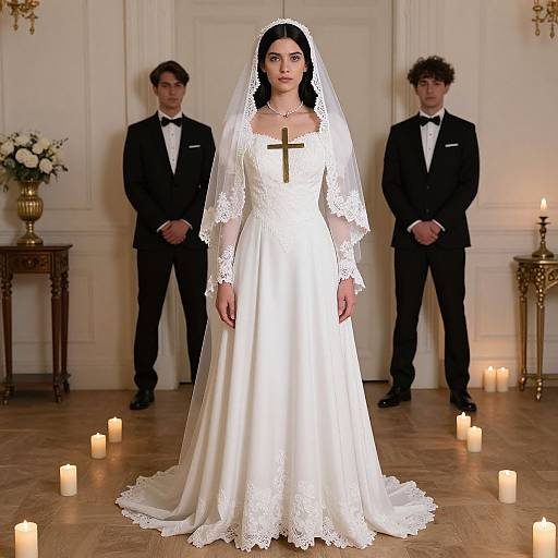 Photograph of a fair-skinned woman in a white lace wedding dress with a long veil, standing center, flanked by two men in black t