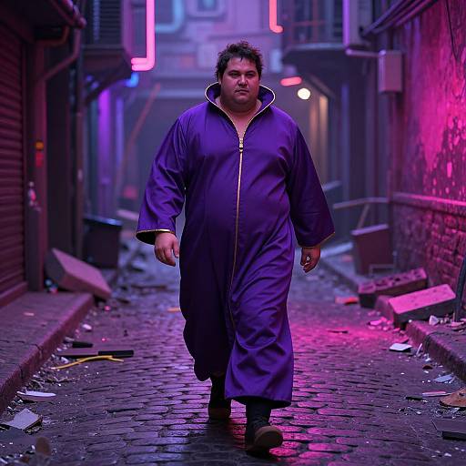 Photograph of a heavyset man with curly hair, wearing a purple zip-up robe, walking down a neon-lit, narrow, cobblestone